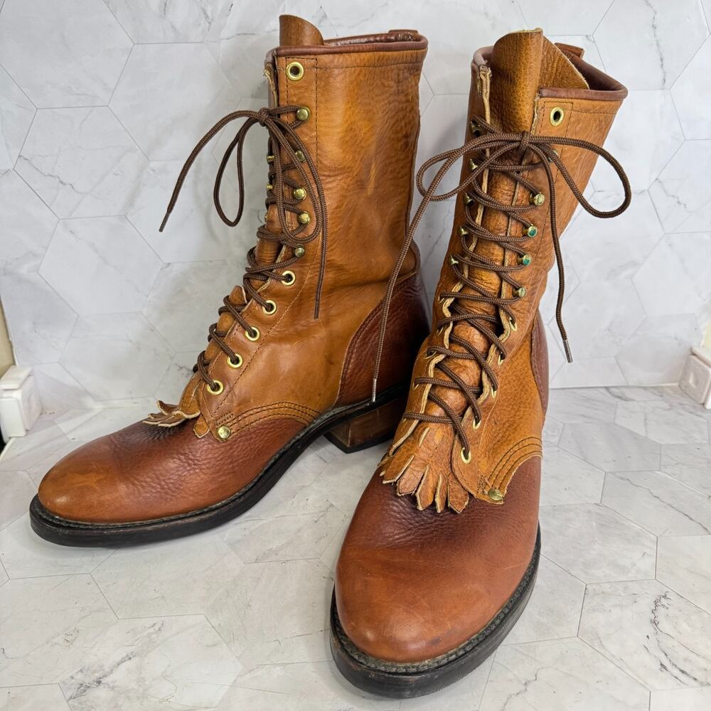 Vtg J. Chisholm Kiltie Boots Lace Up Brown Leather Mens Size 10 D Western Cowboy